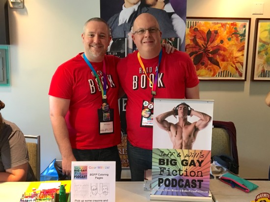 Jeff and I manning the Big Gay Fiction Podcast table at one of the Author Lounges.